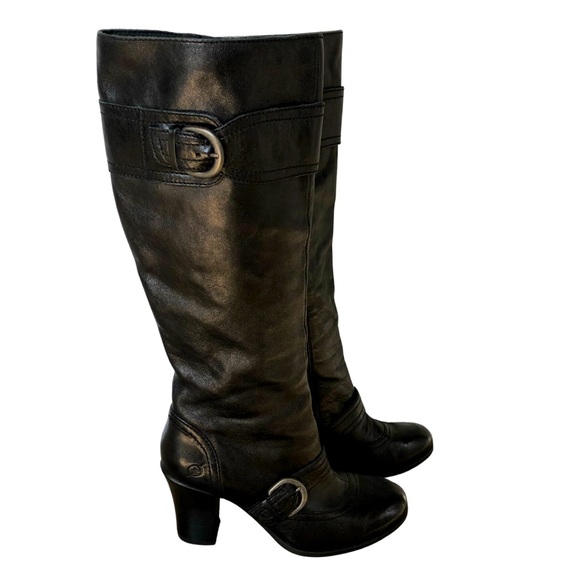 Born Shoes - Börn Black Leather Tall Heeled Boots Size 8.5 Side Zip